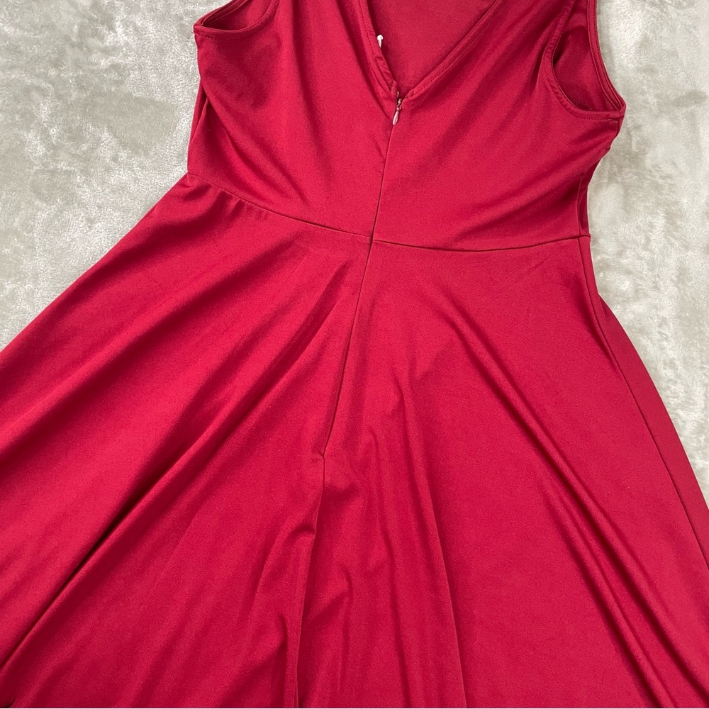 Red Skater Mini Dress Medium Laser Cut Scalloped Hem Fit Flare Holiday Party - Picture 4 of 8